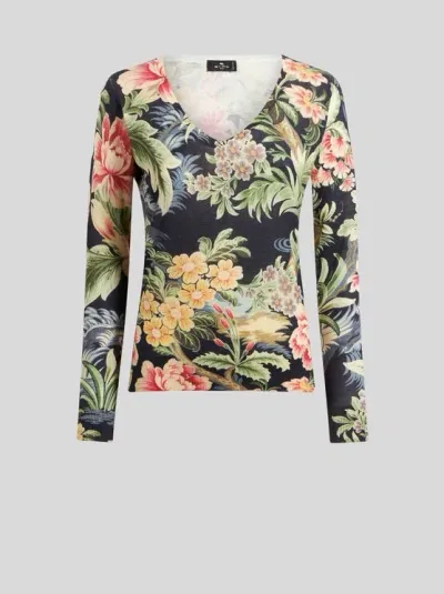 Etro Floral-print Knitted Jumper In Black