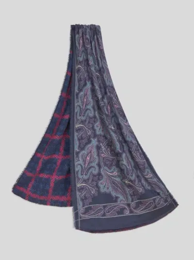 Etro Printed Double Jacquard Scarf In Blue