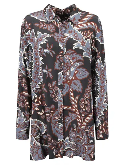 Etro Printed Long Shirt In Blue/bordeaux