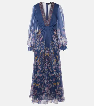 Etro Gathered Silk Tunic Maxi Dress In Blue,multicolor