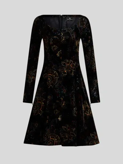 Etro Printed Velvet Mini Dress In Black