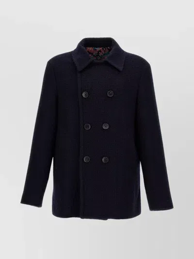 Etro Textured Double-breasted Coat Front Pockets In Blue