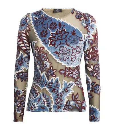 Etro Tulle-velvet Jacquard Paisley Top In Blue