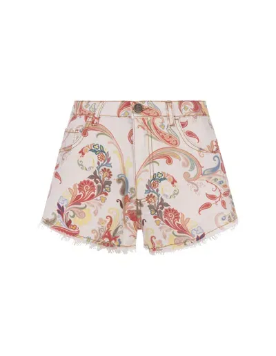 Etro Paisley-print Denim Shorts In White