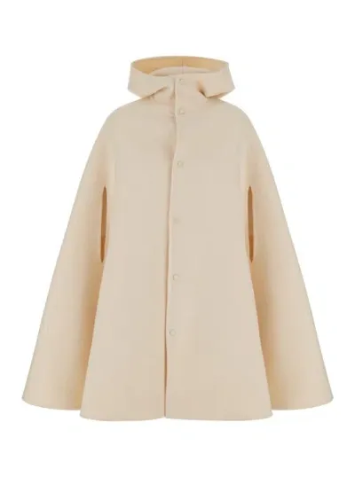 Fabiana Filippi Beige Hooded Cape With Pockets In Wool In Grey