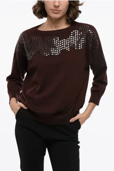 Fabiana Filippi Cashmere Crewneck Sweater With Sequined Embroderies In Brown