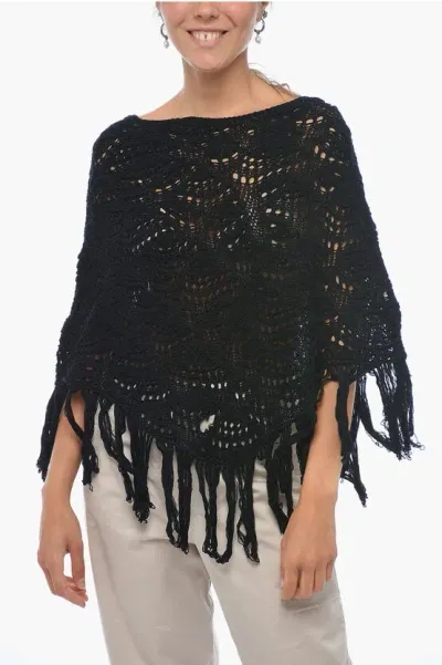 Fabiana Filippi Cotton Crochet Cape With Fringed Bottom In Black