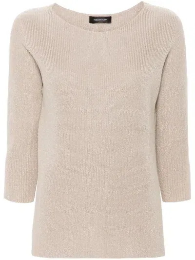 Fabiana Filippi Luxurious Ribbed Sweatshirt With Three-quarter Sleeves And Elegant Side Slits In Neutrals