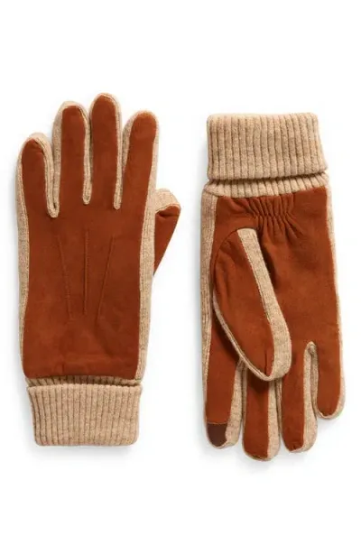 Faherty Suede & Knit Gloves In Cognac