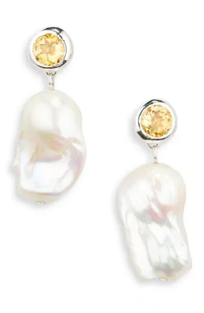 Faris Oh Baroque Pearl Drop Earrings In Silver