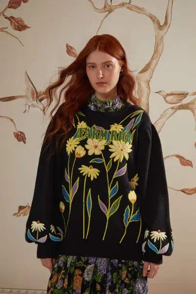 Farm Rio Black  Flowers Embroidered Knit Sweater