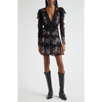 Farm Rio Garden Stitched Long Sleeve Button Front Minidress In Black