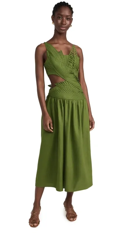 Farm Rio Green Leaves Cut Out Midi Dress Green