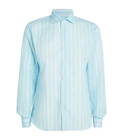 Fedeli Linen-cotton Striped Nick Shirt In Blue