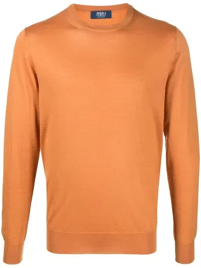 Fedeli Ribbed Crew Neck Jumper In Orange