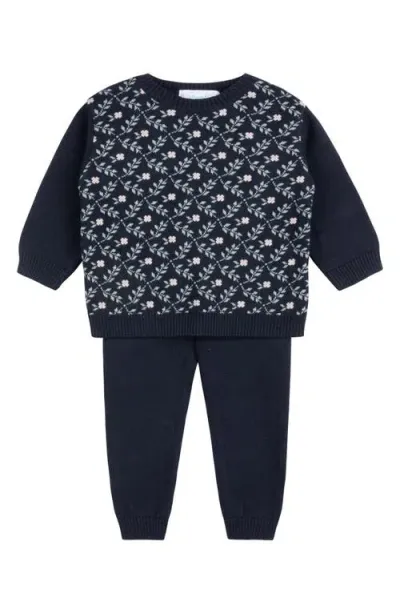 Feltman Brothers Babies'  Floral Cotton Jacquard Sweater & Pants Set In Navy