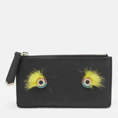 Pre-owned Fendi Black Leather And Mink Fur Monster Eyes Zip Card Holder