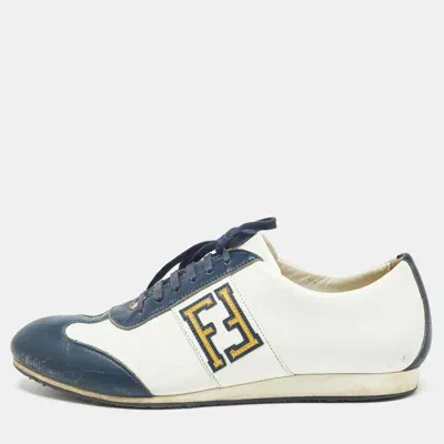 Pre-owned Fendi Blue/white Leather Ff Logo Low Top Sneakers Size 44