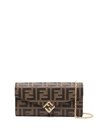 Fendi Ff Diamonds Leather Wallet On Chain In Brown