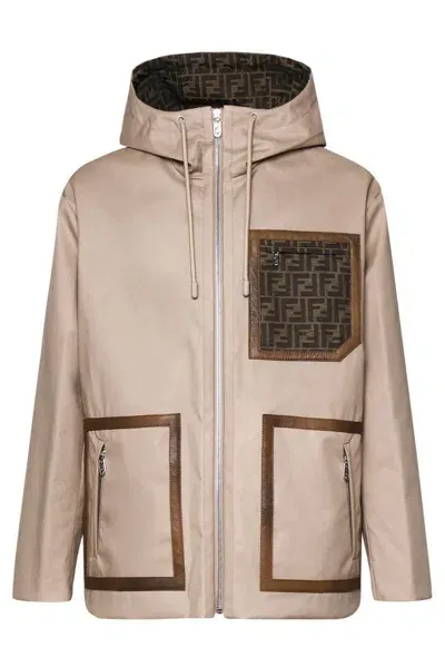 Fendi Ff Jacquard Hooded Short Parka In Beige