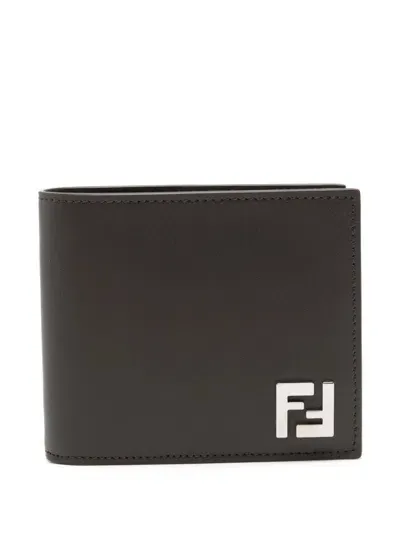 Fendi Ff Leather And Canvas Brown Bi-fold Wallet In Gray