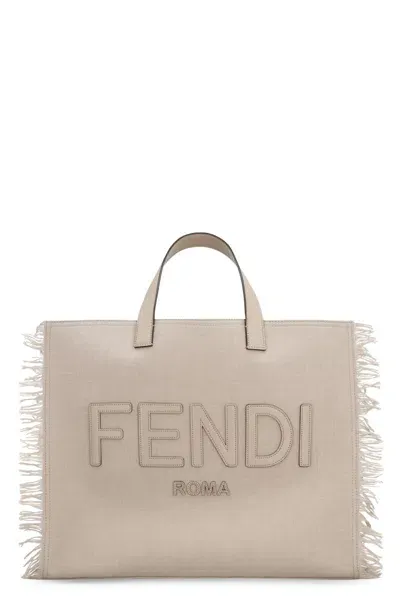 Fendi Jacquard Fabric Tote In Beige