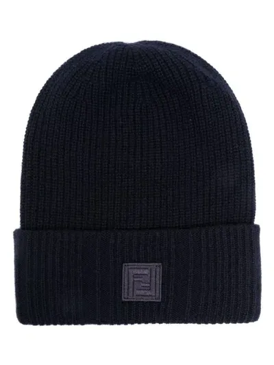 Fendi Patch-logo Beanie In Blue