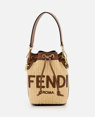 Fendi Mini Mon Tresor Straw Bucket Bag In Beige