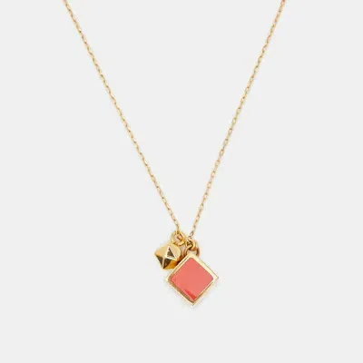 Pre-owned Fendi Red Enamel Cube Gold Tone Pendant Necklace