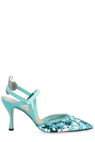 Fendi Sequin-embellished High-heeled Slingback Pumps In Turquoise