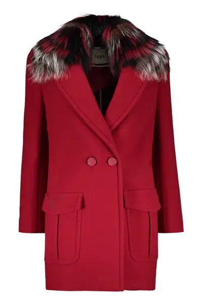 Fendi Virgin Wool Coat With Fox Fur In Red