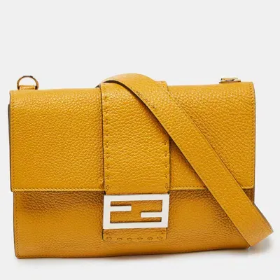 Pre-owned Fendi Yellow Selleria Leather Flat Baguette Messenger Bag