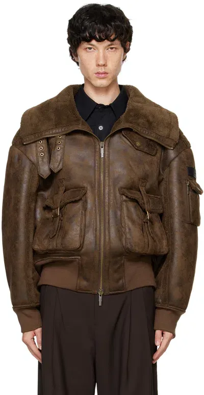 Feng Chen Wang Brown Zip Faux-leather Jacket