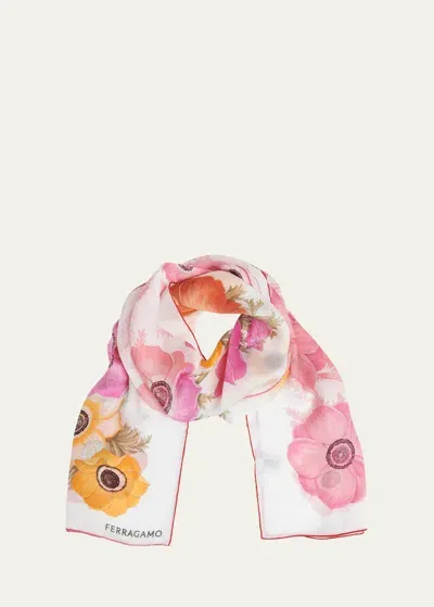 Ferragamo Anemone Floral Print Silk Scarf In Ivoryroseorange