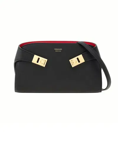 Ferragamo Black Calf Leather Mini Hug Cross Body Bag In Multicolor