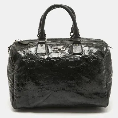 Pre-owned Ferragamo Black Gancini Embossed Glossy Leather Boston Bag