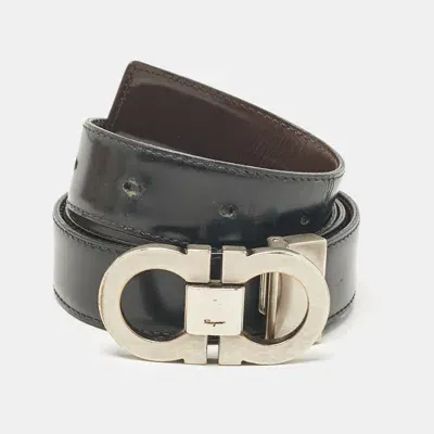 Pre-owned Ferragamo Black/brown Leather Gancini Buckle Reversible Cut To Size Belt