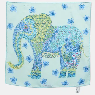 Pre-owned Ferragamo Blue Floral Elephant Print Silk Square Scarf