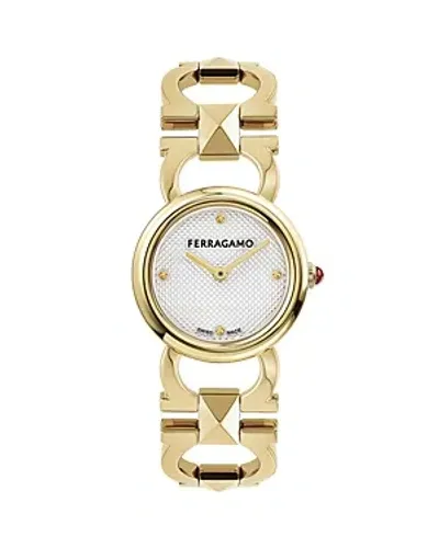 Ferragamo 25mm Double Gancini Stud Watch With Silver Dial, Yellow Gold In Ip Yellow Gold/white Silver