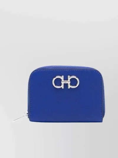 Ferragamo Leather Textured Card Holder In Blue