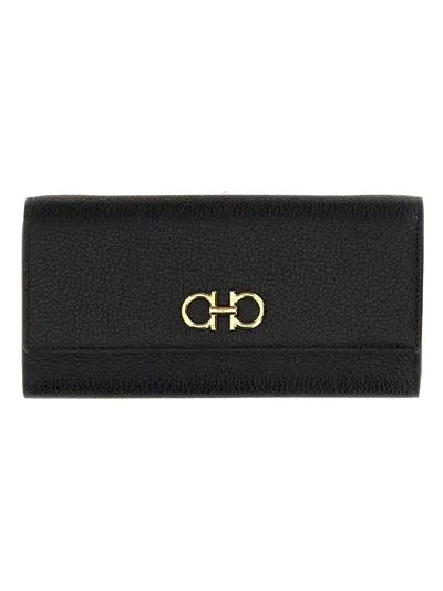 Ferragamo "gancini" Wallet With Shoulder Strap In Black