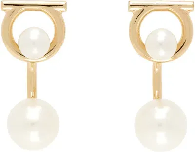 Ferragamo Gold Gancini Pearl Earrings In 001 Oro Giove + Perl