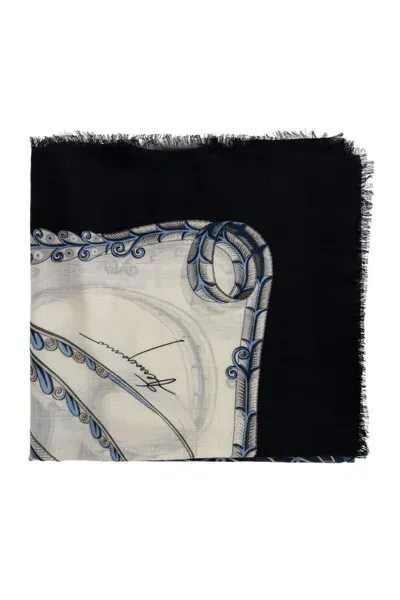 Ferragamo Graphic Printed Frayed Scarf In Blue