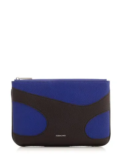 Ferragamo Logo Printed Color-blocked Zipped Pouch In Blue