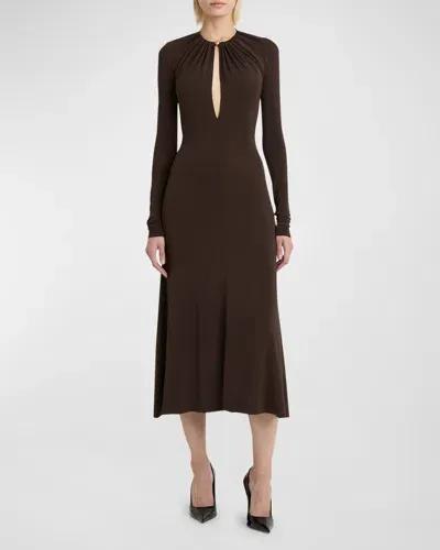 Ferragamo Long Crepe Dress In Brown