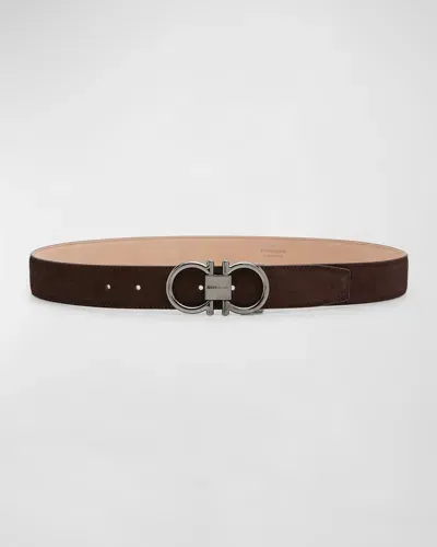 Ferragamo Men's Suede Gancini Belt In T.moro