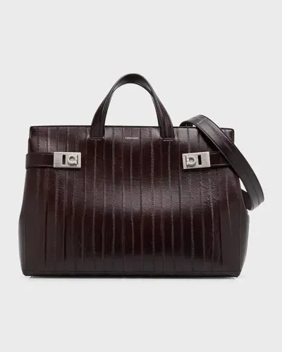 Ferragamo Men's Twins Exotic Calf Leather Tote Bag In Burgundy