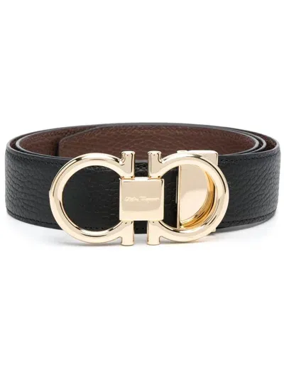 Ferragamo Reversible And Adjustable Gancini Belt In Black