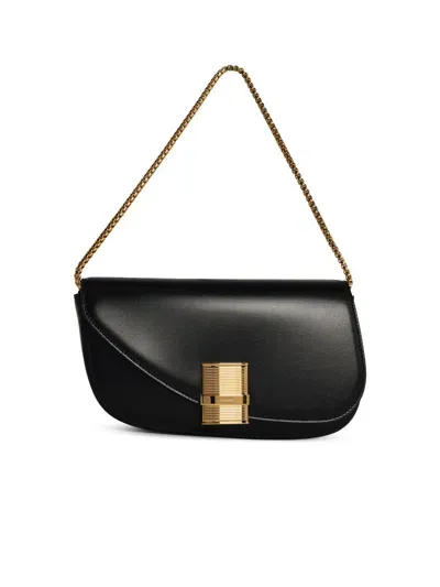 Ferragamo Salvatore  'fiamma' Black Lear Crossbody Bag In 黑色的