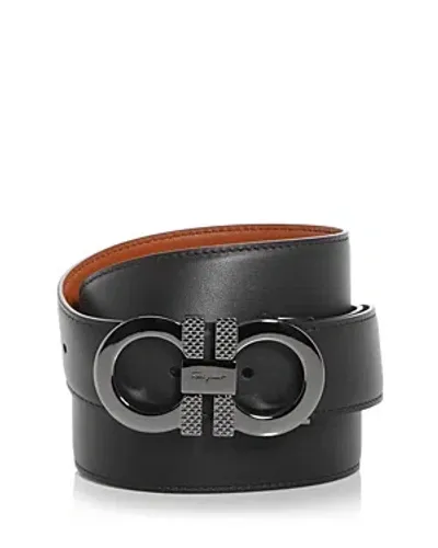 Ferragamo Salvatore  Men's Double Gancini Reversible Leather Belt In Black/cognac